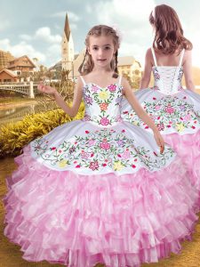 Rose Pink Sleeveless Embroidery and Ruffled Layers Floor Length Kids Formal Wear