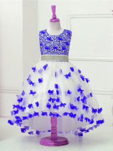Blue And White Sleeveless High Low Appliques and Sequins Zipper Kids Pageant Dress