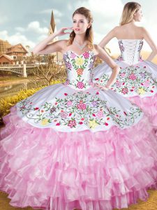 Custom Designed Rose Pink Organza and Taffeta Lace Up Sweetheart Sleeveless Floor Length 15 Quinceanera Dress Embroidery and Ruffled Layers