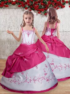 Ball Gowns Girls Pageant Dresses Hot Pink Straps Taffeta Sleeveless Floor Length Lace Up