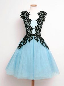 Aqua Blue Sleeveless Tulle Lace Up Dama Dress for Quinceanera for Prom and Party and Wedding Party