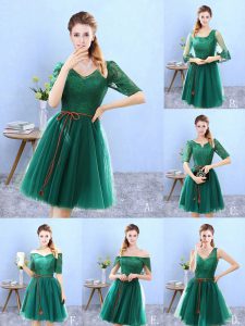 Knee Length Green Court Dresses for Sweet 16 Tulle Half Sleeves Lace