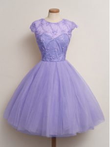 Lavender Lace Up Scoop Lace Damas Dress Tulle Cap Sleeves