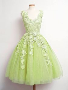 Superior A-line Quinceanera Dama Dress Yellow Green V-neck Tulle Sleeveless Knee Length Lace Up