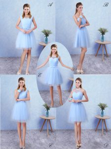 Fitting Blue Tulle Lace Up Quinceanera Court Dresses Sleeveless Knee Length Ruching