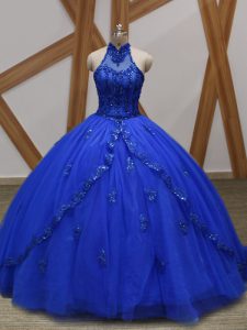 Royal Blue Sleeveless Tulle Brush Train Lace Up Sweet 16 Quinceanera Dress for Military Ball and Sweet 16 and Quinceanera