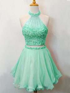 Fantastic Knee Length Lace Up Vestidos de Damas Apple Green for Prom and Party and Wedding Party with Beading