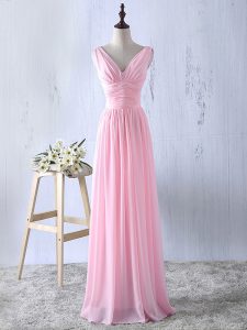 Pretty Baby Pink Zipper V-neck Ruching Dama Dress Chiffon Sleeveless