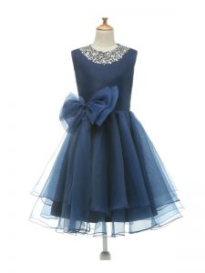 Most Popular Navy Blue Scoop Zipper Beading and Bowknot Little Girls Pageant Dress Wholesale Sleeveless