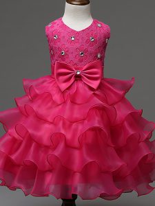 Hot Pink Scoop Zipper Lace and Ruffled Layers and Bowknot Little Girls Pageant Dress Wholesale Sleeveless