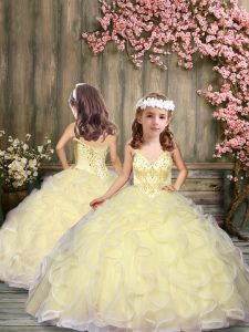 Floor Length Lace Up Little Girls Pageant Dress Light Yellow for Wedding Party with Beading and Ruffles