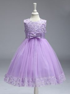 Unique Knee Length Lavender Little Girl Pageant Dress Scoop Sleeveless Zipper