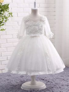 Stylish White Little Girl Pageant Dress Wedding Party with Lace and Appliques Scoop Short Sleeves Zipper