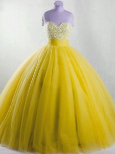 Edgy Ball Gowns Vestidos de Quinceanera Yellow Strapless Tulle Sleeveless Floor Length Lace Up
