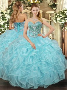 Ball Gowns 15 Quinceanera Dress Aqua Blue Sweetheart Tulle Sleeveless Floor Length Lace Up
