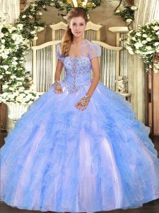 Custom Fit Baby Blue Ball Gowns Tulle Strapless Sleeveless Appliques and Ruffles Floor Length Lace Up Sweet 16 Dress