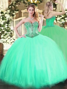 Chic Aqua Blue Ball Gowns Sweetheart Sleeveless Tulle Floor Length Lace Up Beading Quinceanera Dresses