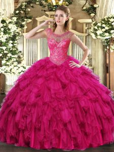 Cheap Organza Scoop Sleeveless Lace Up Beading and Ruffles Sweet 16 Quinceanera Dress in Fuchsia