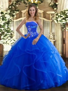 Modest Strapless Sleeveless Quince Ball Gowns Floor Length Beading and Ruffles Blue Tulle