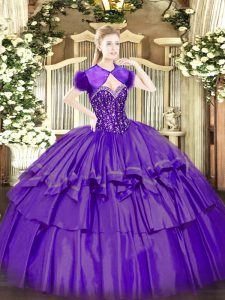 Trendy Purple Ball Gowns Beading and Ruffled Layers Ball Gown Prom Dress Lace Up Organza and Taffeta Sleeveless Floor Length