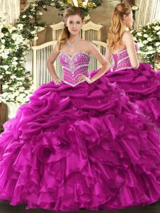 Perfect Fuchsia Sweetheart Neckline Beading and Ruffles and Pick Ups Quinceanera Gowns Sleeveless Lace Up
