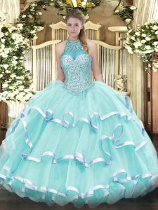 Best Selling Apple Green Organza Lace Up Halter Top Sleeveless Floor Length Quinceanera Gown Beading and Ruffled Layers