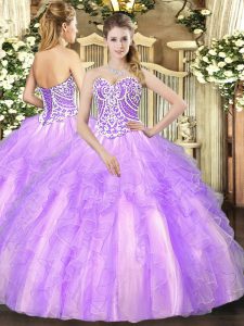 Pretty Floor Length Lace Up Vestidos de Quinceanera Lavender for Military Ball and Sweet 16 and Quinceanera with Beading and Ruffles
