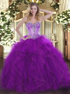 Sweetheart Sleeveless 15th Birthday Dress Floor Length Beading and Ruffles Eggplant Purple Organza