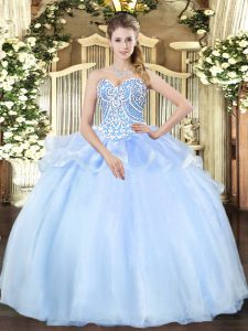 Graceful Floor Length Lace Up Sweet 16 Quinceanera Dress Light Blue for Military Ball and Sweet 16 and Quinceanera with Beading