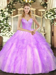 Fitting Sleeveless Tulle Floor Length Lace Up Vestidos de Quinceanera in Lilac with Beading and Ruffles