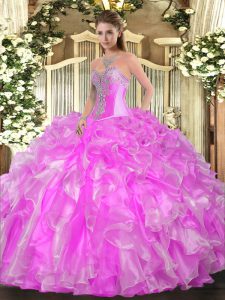 Hot Sale Lilac Quinceanera Dress Military Ball and Sweet 16 and Quinceanera with Beading and Ruffles Sweetheart Sleeveless Lace Up