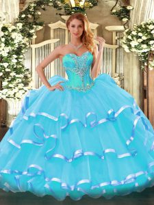 Low Price Aqua Blue Organza Lace Up Quince Ball Gowns Sleeveless Beading and Ruffled Layers