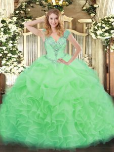 Hot Selling V-neck Sleeveless 15 Quinceanera Dress Floor Length Ruffles Apple Green Organza