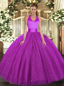 Fantastic Fuchsia Lace Up 15th Birthday Dress Sequins Sleeveless Floor Length