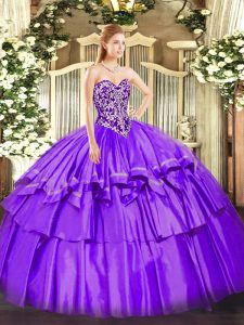 Sweetheart Sleeveless Sweet 16 Quinceanera Dress Floor Length Beading and Ruffled Layers Purple Organza and Taffeta