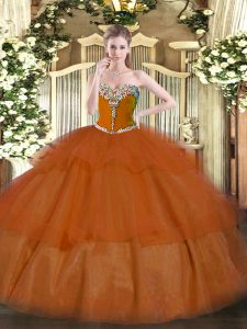 Super Sweetheart Sleeveless Lace Up Sweet 16 Quinceanera Dress Rust Red Tulle