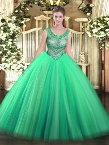 Ideal Turquoise Scoop Lace Up Beading Quinceanera Gowns Sleeveless