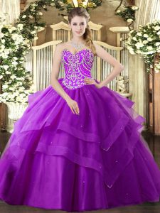 Luxurious Purple Sleeveless Beading and Ruffled Layers Floor Length 15th Birthday Dress