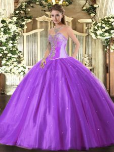 Traditional Lavender Ball Gowns Sweetheart Sleeveless Tulle Floor Length Lace Up Beading Quince Ball Gowns