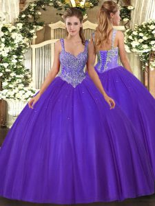 Chic Sleeveless Tulle Floor Length Lace Up Sweet 16 Dresses in Purple with Beading