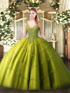 Olive Green Lace Up Quinceanera Gowns Beading and Appliques Sleeveless Floor Length