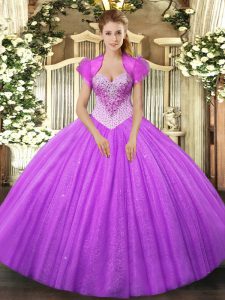 Sweetheart Sleeveless Tulle Quince Ball Gowns Beading Lace Up