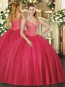 Beautiful Red Sleeveless Floor Length Beading Lace Up Quinceanera Dresses