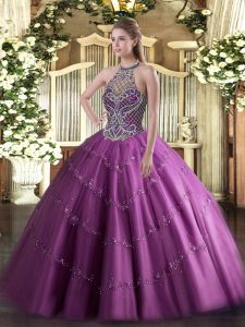 Lilac Quinceanera Gown Sweet 16 and Quinceanera with Beading Halter Top Sleeveless Lace Up