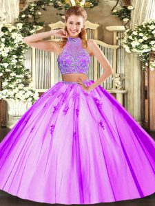 Romantic Lilac Quinceanera Gown Military Ball and Sweet 16 and Quinceanera with Beading Halter Top Sleeveless Criss Cross