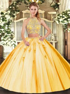 Custom Made Gold 15 Quinceanera Dress Military Ball and Sweet 16 and Quinceanera with Beading and Appliques Halter Top Sleeveless Criss Cross
