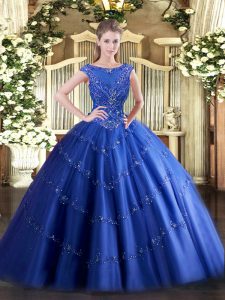 Sumptuous Blue Scoop Zipper Beading and Appliques Sweet 16 Dress Sleeveless