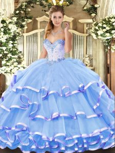 Sleeveless Floor Length Beading and Ruffled Layers Lace Up Quinceanera Gown with Blue