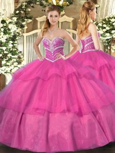 Inexpensive Hot Pink Ball Gowns Beading and Ruffled Layers Quinceanera Dresses Lace Up Tulle Sleeveless Floor Length