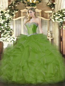 Glorious Olive Green Ball Gowns Sweetheart Sleeveless Organza Floor Length Lace Up Beading and Ruffles Sweet 16 Dresses